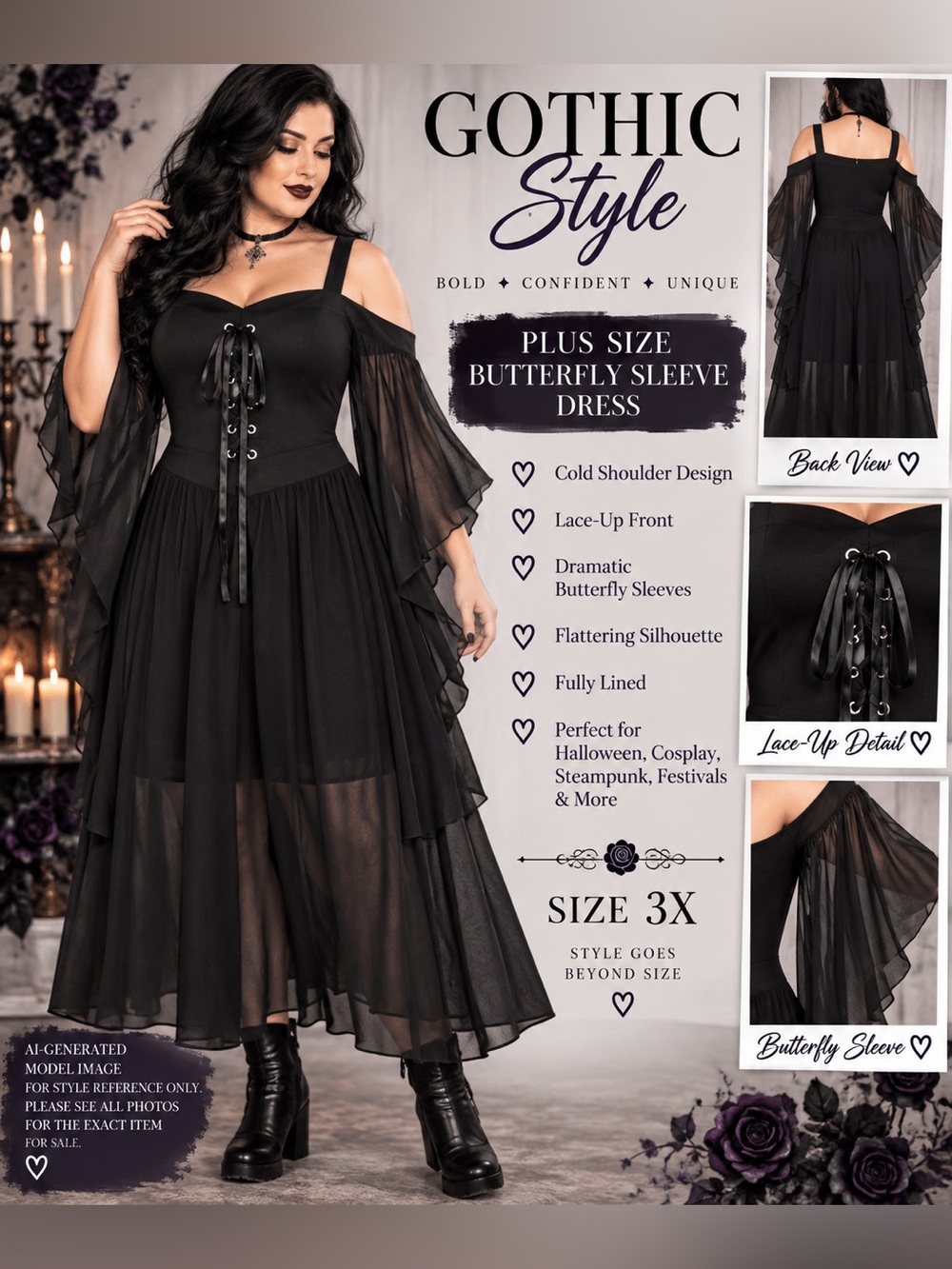 PLUS SIZE 3X BLACK GOTHIC COLD SHOULDER BUTTERFLY SLEEVE DRESS